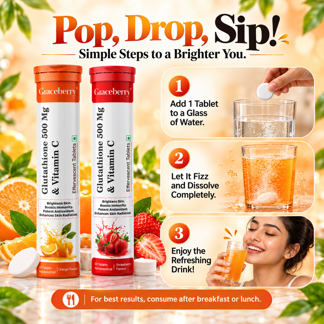 Graceberry Brightening Effervescent Tablets – Glutathione Radiance Fizz Duo (Orange + Strawberry) view 4