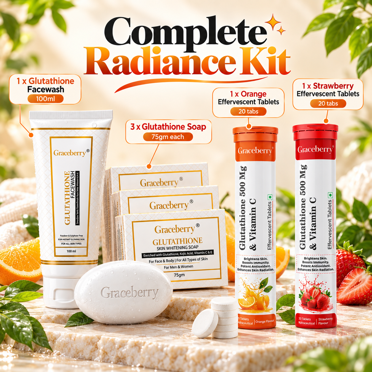Glutathione Inside & Out Radiance Kit – Graceberry Brightening Face Wash, Soap, Orange & Strawberry Effervescent Tablets view 5