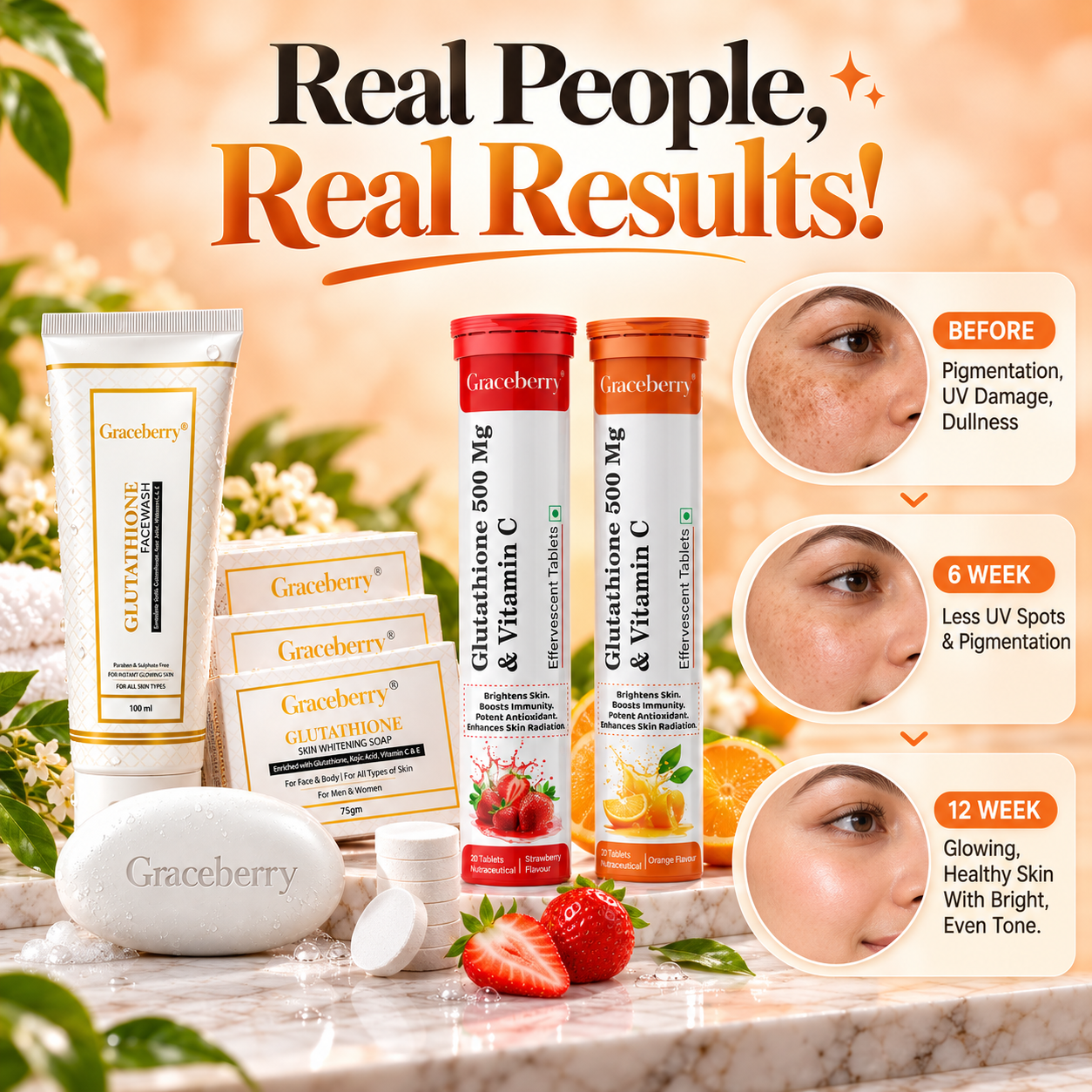 Glutathione Inside & Out Radiance Kit – Graceberry Brightening Face Wash, Soap, Orange & Strawberry Effervescent Tablets view 6