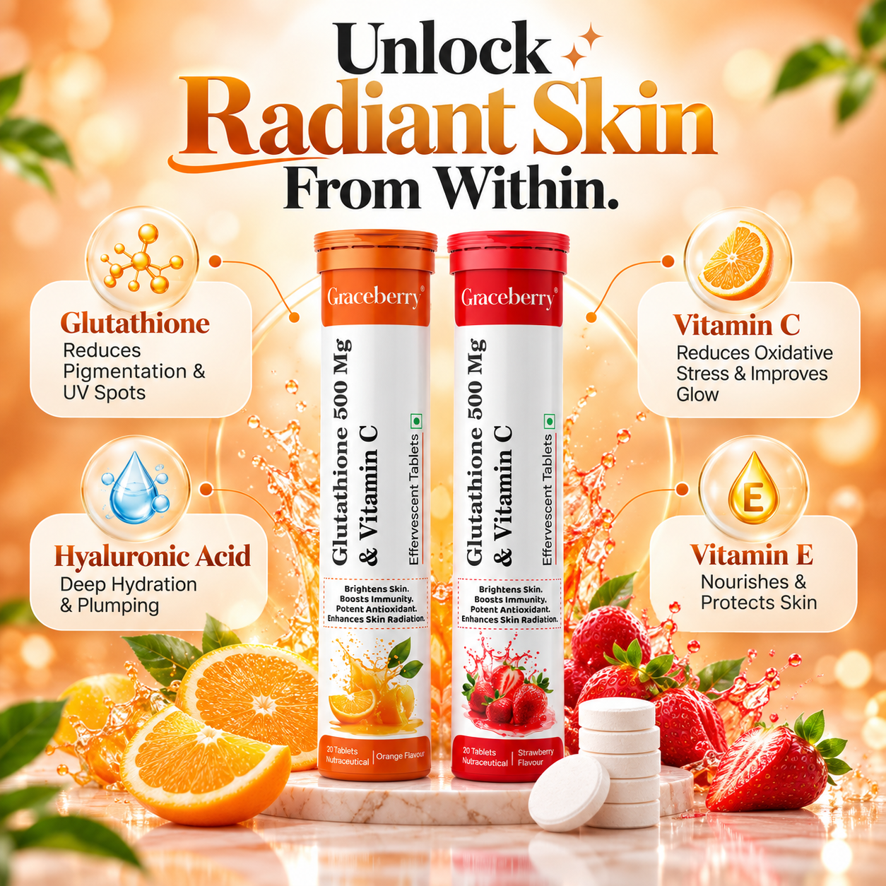 Graceberry Brightening Effervescent Tablets – Glutathione Radiance Fizz Duo (Orange + Strawberry) view 6