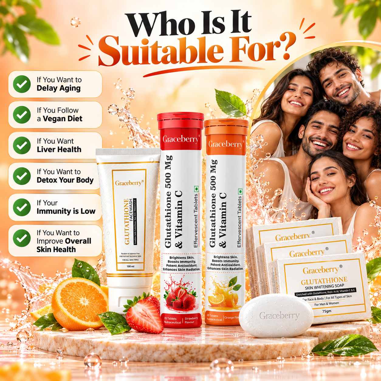 Glutathione Inside & Out Radiance Kit – Graceberry Brightening Face Wash, Soap, Orange & Strawberry Effervescent Tablets view 7