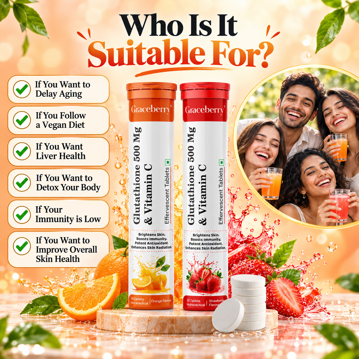 Graceberry Brightening Effervescent Tablets – Glutathione Radiance Fizz Duo (Orange + Strawberry) view 7